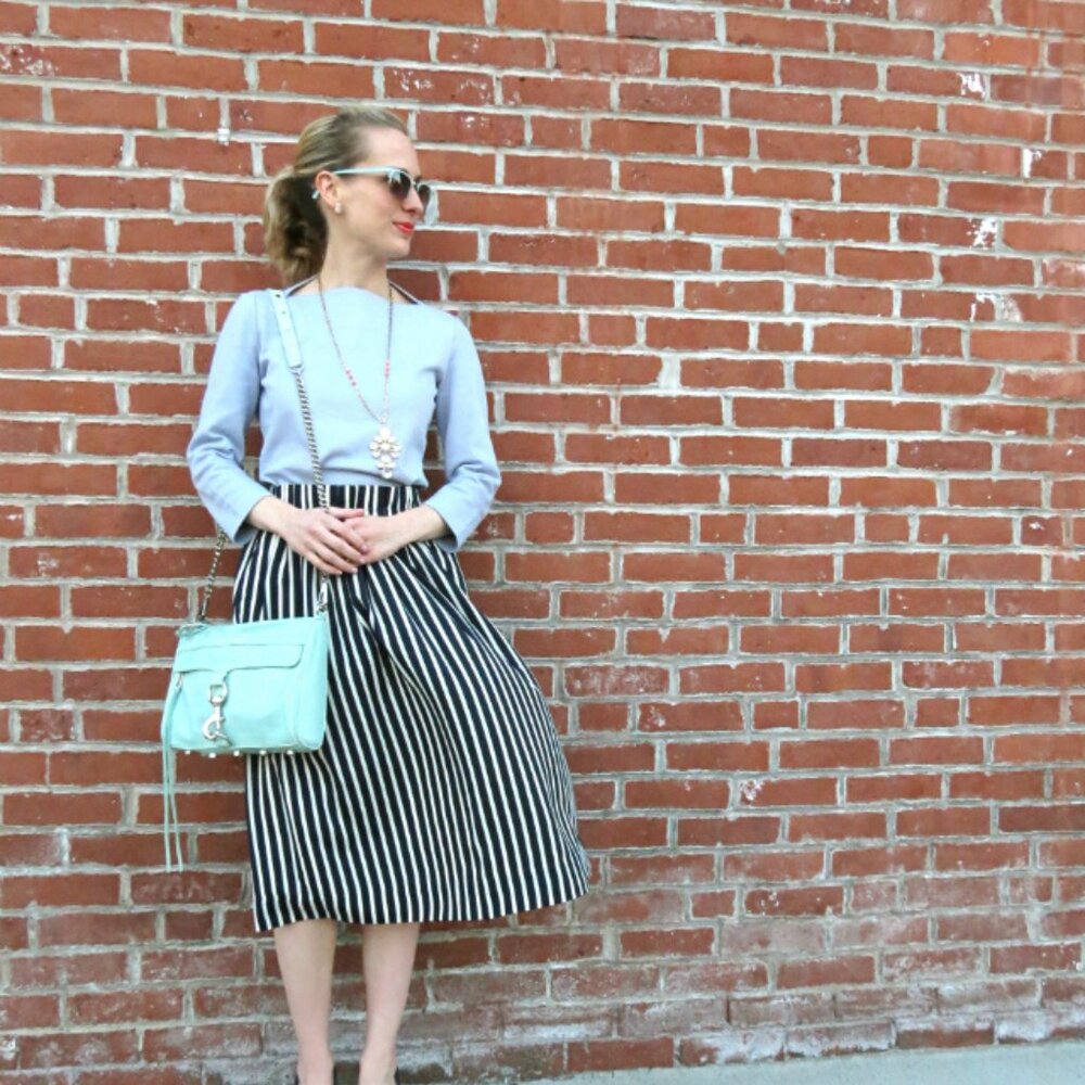 J Crew Striped Pleated Midi Skirt
